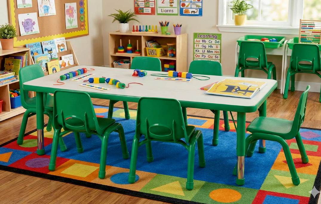 Colorful indoor playroom table and chair setup from the Ankush Playways catalog